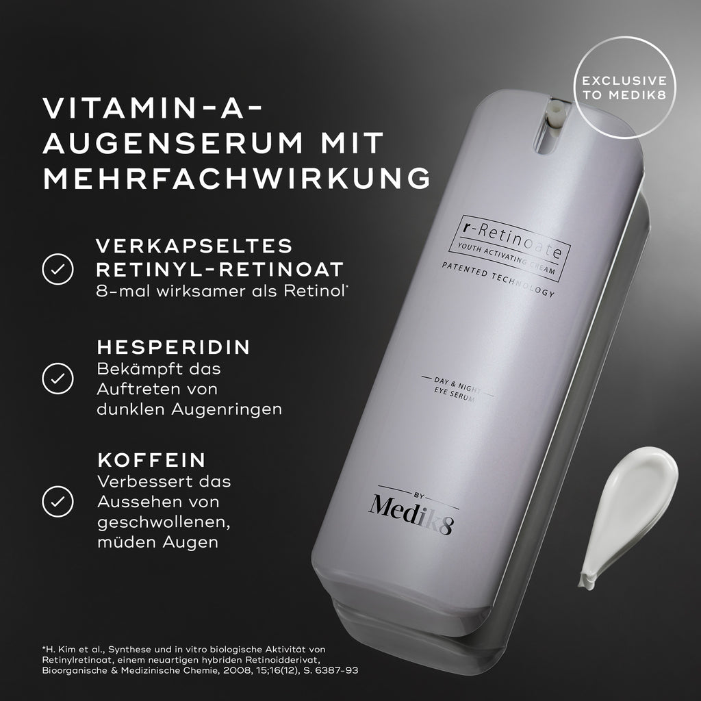 Eine weiße Pumpflasche mit r-Retinoate Day & Night Eye Serum ist abgebildet. Texthinweise heben die wichtigsten Inhaltsstoffe hervor: VERKAPSELTES RETINYLRETINOAT, HESPERIDIN und KOFFEIN. Eine Fußnote belegt die Retinol-Behauptung.