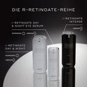 Ein Display präsentiert die R-RETINOATE-Reihe, darunter r-RETINOATE DAY & NIGHT EYE SERUM, r-RETINOATE DAY & NIGHT und r-RETINOATE INTENSE. Alle Flaschen verfügen über patentierte Technologie.