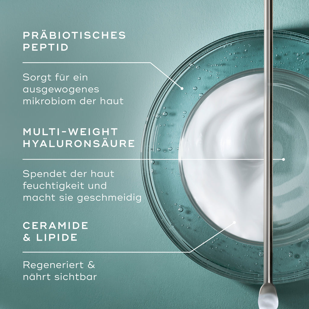 Tägliche Feuchtigkeitscreme im Glas mit der Frage „WAS IST DRIN?“. Textinformationen identifizieren die wichtigsten Inhaltsstoffe: „PREBIOTIC PEPTIDE“, „MULTI-WEIGHT HYALURONIC ACID“ und „CERAMIDES & LIPIDS“.