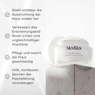 Medik8 C-Tetra Cream-Glas auf einem grauen Steinblock vor weißem Hintergrund mit sanften Lichtstrahlen dargestellt. Das Bild zeigt vier Häkchen-Behauptungen: Sichtbare Wiederherstellung der Hautstrahlung, Verbessert das Erscheinungsbild von feinen Linien & ungleichmäßigem Hautton, Pflegt & macht die Haut weich, Hilft, sichtbare Zeichen der Hautalterung zu verhindern