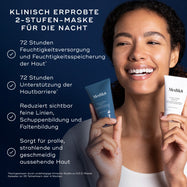 Eine lächelnde Frau hält die beiden Tuben Medik8 H.E.O. Mask (blaue Stufe 1 und weiße Stufe 2) in der Hand. Der Text hebt das Produkt als klinisch erprobte 2-stufige Nachtmaske hervor. Die Vorteile umfassen: 72 Stunden Feuchtigkeitsversorgung und Feuchtigkeitsspeicherung der Haut, 72 Stunden Unterstützung der Hautbarriere, sichtbare Reduzierung von feinen Linien, Schuppen und Fältchen sowie pralle, strahlende und geschmeidige Haut.