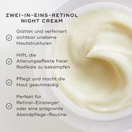 Nahaufnahme der Medik8 Intelligent Retinol Smoothing Night Cream, die die Textur der Creme im Tiegel zeigt. Oben befindet sich die 2-in-1-Retinol-Nachtcreme, links eine Liste der Vorteile mit Häkchen.