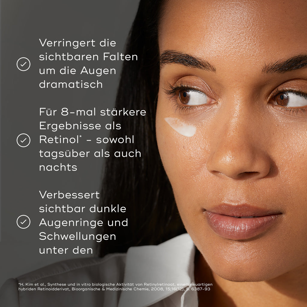 Das Gesicht einer Frau ist mit einer kleinen Menge Augenserum unter einem Auge abgebildet. Drei Punkte mit Häkchen listen die Vorteile auf: Reduziert sichtbare Fältchen um die Augenpartie deutlich. Für 8-mal stärkere Ergebnisse als Retinol*.