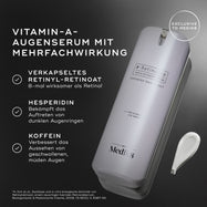 Eine weiße Pumpflasche mit r-Retinoate Day & Night Eye Serum ist abgebildet. Texthinweise heben die wichtigsten Inhaltsstoffe hervor: VERKAPSELTES RETINYLRETINOAT, HESPERIDIN und KOFFEIN. Eine Fußnote belegt die Retinol-Behauptung.
