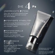 Eine elegante Nahaufnahme einer Tube Medik8 Crystal Retinal 6, die diagonal positioniert ist. Links beschreiben vier Textabschnitte in deutscher Sprache mit Überschriften in Großbuchstaben (UNERREICHTE POTENZ, PATENTIERTE STABILITÄT, PROFESSIONELLE ERGEBNISSE, PROGRESSIVE STÄRKEN) die Eigenschaften und Vorteile des Produkts. Sternchen verweisen auf Fußnoten unten rechts.