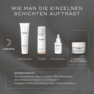 Anleitung zum Schichten mit vier Produkten auf dunkelgrauem Hintergrund: „SURFACE RADIANCE CLEANSER“, „PRESS & GLOW“, TARGET und VITAMIN A + MOISTURISER