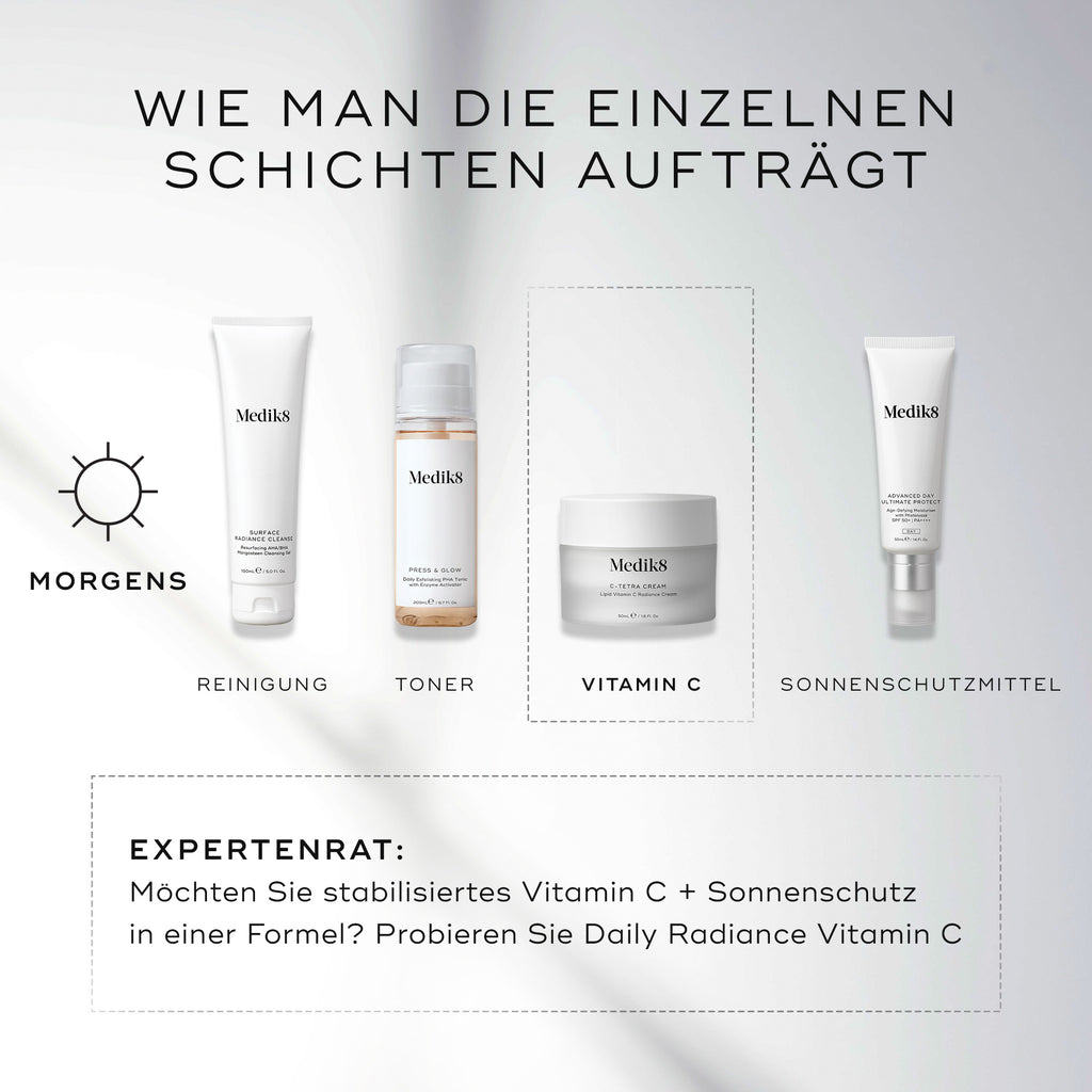 "Ein Medik8 How to Layer Leitfaden auf weißem Hintergrund mit weichen Lichtstrahlen. Ein AM-Sonnen-Symbol zeigt eine vierstufige Morgenroutine, wobei der dritte Schritt in einem gestrichelten Kasten hervorgehoben ist:

REINIGEN: Medik8 Surface Radiance Cleanse Tube

TONISIEREN: Medik8 Press & Glow Flasche

VITAMIN C: Medik8 C-Tetra Cream Glas

SONNENSCHUTZ: Medik8 Advanced Day Ultimate Protect Tube
