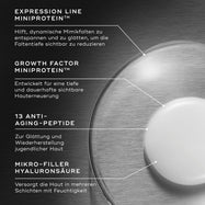 Eine Nahaufnahme der Textur von Liquid Peptides Advanced MP mit detaillierten Textangaben zu den Inhaltsstoffen. EXPRESSION LINE MINIPROTEIN™, GROWTH FACTOR MINIPROTEIN, 13 AGE-DEFYING PEPTIDES und MICRO-FILLER HYALURONSÄURE