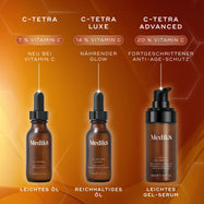 Ein Vergleich von drei Medik8-Seren: C-Tetra (7 % Vitamin C, leichtes Öl), C-Tetra Luxe (14 % Vitamin C, reichhaltiges Öl) und C-Tetra Advanced (20 % Vitamin C, leichtes Gel-Serum).