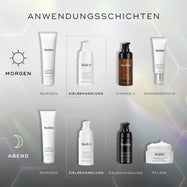 AM- und PM-Skincare-Routine-Diagramm, das zeigt, wie Medik8-Produkte geschichtet werden: Reinigung, Wirkstoffserum, Vitamin C, Feuchtigkeitscreme und Sonnenschutz.