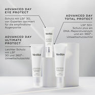 Vergleich der Medik8 Advanced Day Eye Protect, Advanced Day Ultimate Protect und Advanced Day Total Protect Tuben auf weißen zylindrischen Podesten vor grauem Hintergrund. Text für Advanced Day Eye Protect weist auf SPF 30 Schutz optimiert für die empfindliche Augenpartie hin. Text für Advanced Day Ultimate Protect hebt SPF 50+ Schutz, ein DNA-Reparaturenzym und einen 360° Umweltschutz hervor. Text für Advanced Day Total Protect beschreibt es als leichten SPF 30 Schutz mit 360° Umweltschutz.
