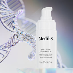 Medik8 Exo-PDRN Prismatic+ Youthful Vitality Serum shown beside a stylised DNA strand against a soft iridescent background.